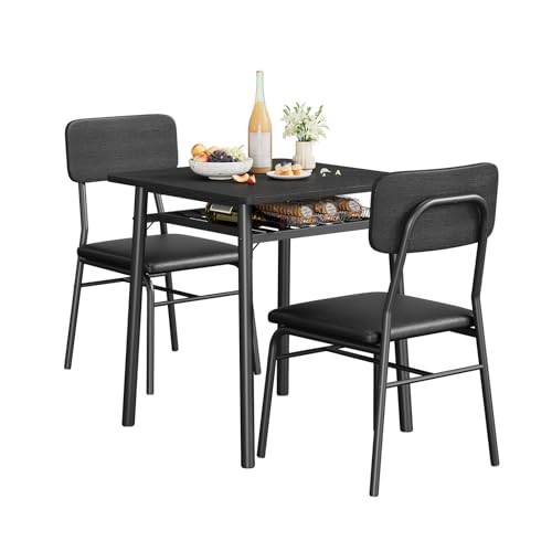 IDEALHOUSE 3-Piece Dining Table Set for 2 with Storage Rack, Wood Kitchen Table with Upholstered Chairs Set of 2, Small Square Table Set with Metal Legs Support, for Dining Room, Living Room, Black IDEALHOUSE