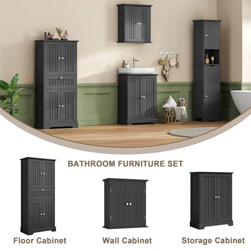 ChooChoo 51" H Tall Bathroom Floor Cabinet, Modern Bathroom Storage Cabinet with Drawer and Adjustable Shelves, Freestanding Kitchen Pantry Cupboard with 4 Doors for Living Room, Black ChooChoo