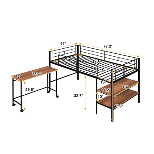 Harper & Bright Designs Twin Loft Bed Low Loft Bed Frame with Storage Shelves and Movable Table with Wheels, Metal Low Loft Beds Small Room/Low Ceiling Bedroom with Guardrail and Ladder, Black Harper & Bright Designs