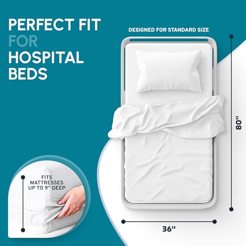 White Classic Fitted Hospital Bed Sheets Set of 3, Cotton Fitted Sheet with 200 Thread Count, Soft Standard Sheets for Hospital Bed Size: 36" x 80" x 9" White Classic
