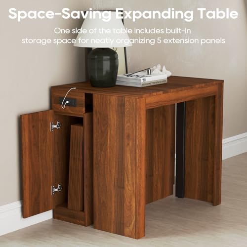 AH AXIOS HMOE Extendable Dining Room Table with Storage for 10-12, Folding Console Table with Outlet - Space Saving Dining Table for Apartments Homes Kitchen (Brown) AH AXIOS HMOE
