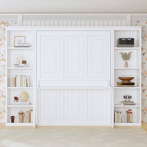 SOFTSEA Queen Size Murphy Bed with Desk, Space Saving Foldable Wall Bed Frame with Storage Shelves, Hideaway Wall Murphy Bed Cabinet for Small Room, Guest Room, White SOFTSEA