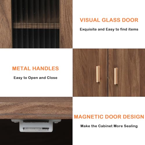 LAZZO Storage Cabinet Credenza Sideboard Buffet Cabinet with Glass Doors Free Standing Accent Entry Cabinet Coffee Bar Cabinet for Living Room, Hallway, Kitchen and Dining Room Brown LAZZO