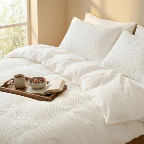 DCSKY Cotton Duvet Cover Queen,100% Cotton Waffle Weave White Duvet Covers Queen Size,Luxury Textured & Breathable 3pcs with 2 Pillow Shams for All Season 90x90 Inches DCSKY