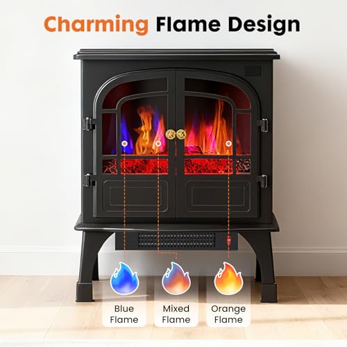 Sweetcrispy Freestanding Electric Fireplace Heater, 26”Two Door Fireplace with 3D Flame Effect, Overheating Safe Design, Energy Saving Space Heater with 12H Timer&Remote for Living Room, Bedroom,Black Sweetcrispy