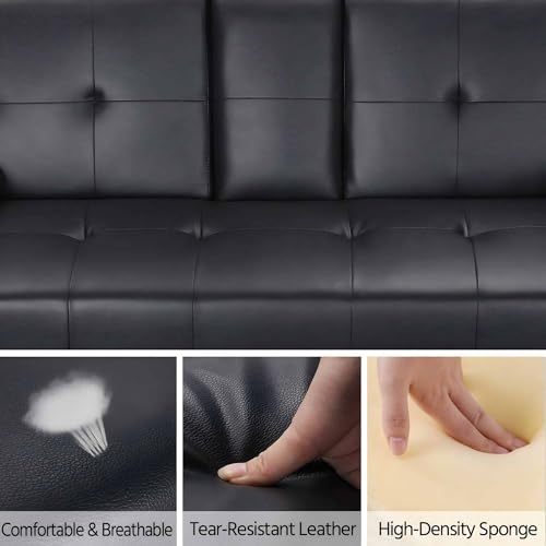 67"Modern Futon Sofa Bed,Convertible 3 in 1 Sleeper Bed Couches with Adjustable Backrest,Cup Holders,Comfy PU Leather Recliner Sofa Loveseat with Chrome Legs for Small Home Living Room (Black) Majnesvon
