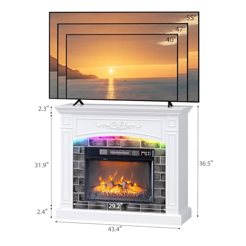VINGLI 43'' Fireplace TV Stand for up to 55 inch TVs, Electric Fireplace with Mantel, Modern Entertainment Center with Adjustable LED Lights Strips, White Fireplace for Living Room & Bedroom, White VINGLI