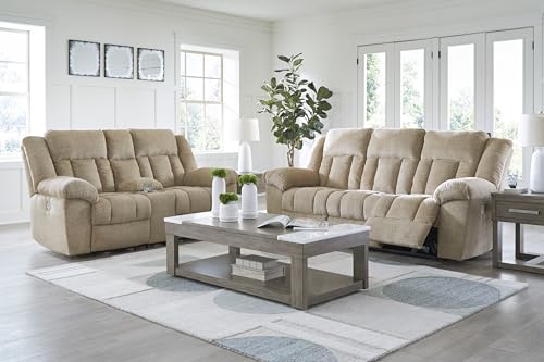 Signature Design by Ashley Tip-Off Classic Wall Hugger Power Reclining Sofa with Adjustable Headrest and USB Ports, Light Brown Signature Design by Ashley