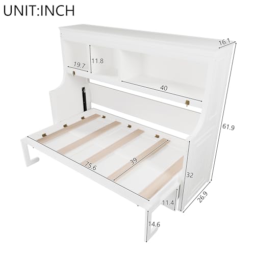 Twin Size Murphy Bed with Hidden Foldable Bed & Desk & Storage Shelves,Wood Folding Hideaway Wall Bed Cabinet with Space-Saving for Small Space Apartments Guest Room,No Box Spring Needed,White FUvellamo