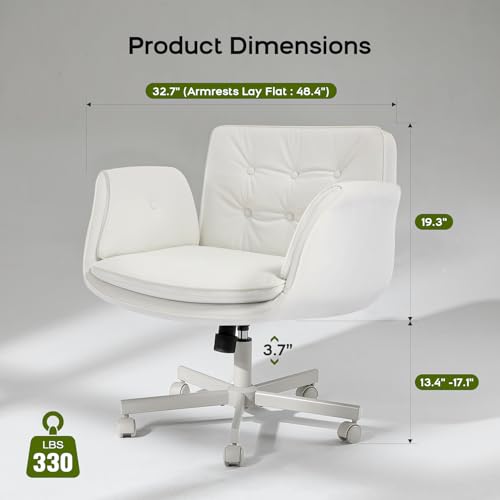 amseatec Criss Cross Chair with Armrests & Wheels, PU Leather Vanity Chair, Comfortable Adjustable Swivel Computer Office Desk Chairs for Home, Make Up, Bed Room (White) amseatec