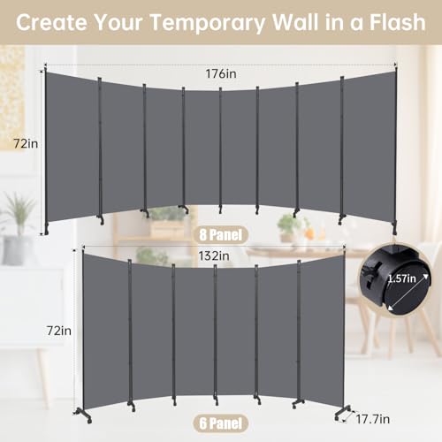 Room Divider 8 Panel Room Dividers/Wheels, Fabric Room Divider Panel for Office Room Partitions and Dividers, Portable Partition Wall Divider for Room Separation, Freestanding Privacy Screen Indoor HOMSCREENER