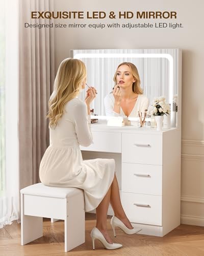 LIVELYGLOW Vanity Desk with LED Mirror, Makeup Vanity with Drawer and Cushion Stool, Dressing Table for Bedrrom, White LIVELYGLOW