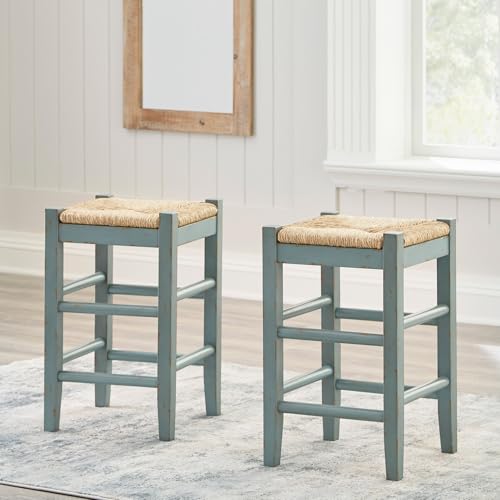 Signature Design by Ashley Mirimyn Farmhouse 23.63" Counter Height Bar Stool with Woven Wicker Seats, 2 Count, Green & Light Brown Signature Design by Ashley
