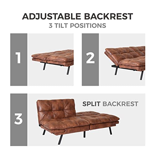 Anwick Convertible Memory Foam Futon Couch Bed, Leather Futon Sofa Bed, Folding Modern Sleeper Sofa with Quick Adjustable Armrest and Backrest for Studio Apartment/Home Office/Small Space (Brown) Anwick