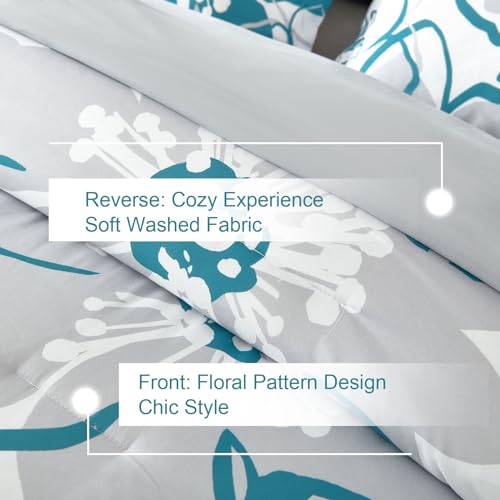 Anibedding Teal Floral Comforter Set King Size 7 Piece, Teal Blue Flower Bed in a Bag, Elegant Botanical Floral Comforter Soft Microfiber Complete Bedding Set for All Season, (Teal, 104"x90") Anibedding
