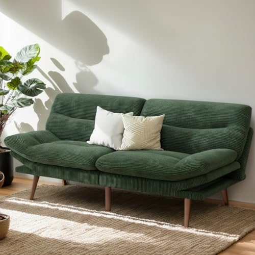 PERLECARE Convertible Futon Sofa Bed, 73" Corduroy Futon Couch with Adjustable Backrest and Armrests, 3-in-1Recliner Sleeper Sofa for Small Spaces, Play Room,Living Room or Office(Green,73 in) PERLECARE