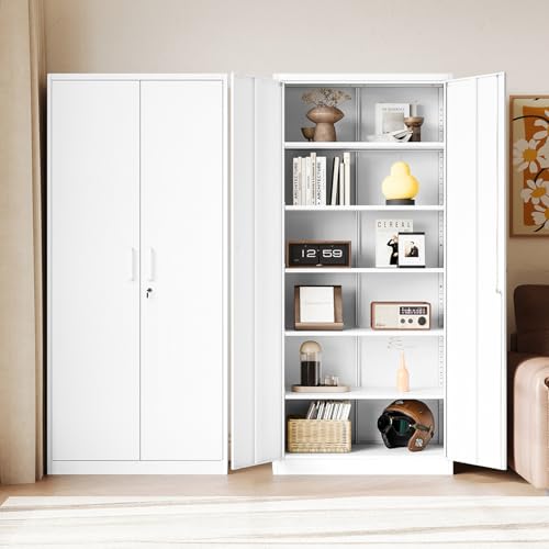 Letaya Metal White Storage Cabinet with Lock-71 Tall Metal Pantry Cabinets,5 Adjustable Shelves and Door for Home,Office,Kitchen,Warehouse,Utility Room(White) Letaya