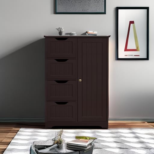 Yaheetech Espresso Wooden Bathroom Storage Cabinet with 4 Drawers and Cupboard Yaheetech