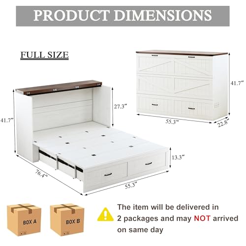 DalyLuxa Full Size Multi-Functional Murphy Cabinet Bed with Charging Station, Farmhouse Full Size Bed Frame with Drawer, Hidden Folding Murphy Bed Chest for Bedroom, Rustic White