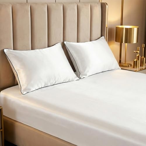 Thmyo 3-Piece Satin Bedding Set,Satin Fitted Sheet with Pillowcases,Soft Comfort Hypoallergenic Breathable Bedding Set (1 Fitted Sheet+2 Pillowcases) (White, Queen) Thmyo