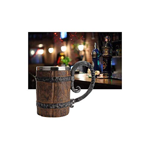 Wooden-Barrel Beer Mug,650 ml Stainless Steel Cup,Bucket Shaped Drinkware With Handle,Wood Carving Beer Mug,for Bar Restaurant,Home, Laipi