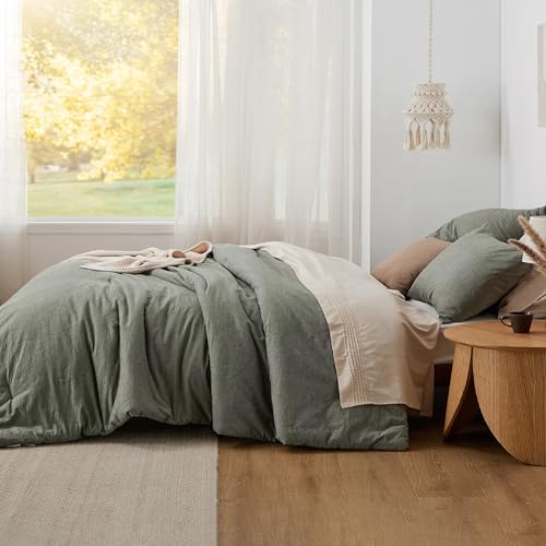 Bedsure Comforter Set Queen Size Grayish Olive Green - Cotton Fabric with Microfiber Inner Fill, Queen Comforter Set for All Seasons, 3 Pieces, 1 Comforter (90"x90") and 2 Pillow Cases (20"x26") Bedsure