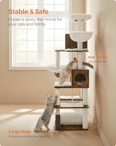 Feandrea Cat Tree, 77.5-Inch Tall Modern Cat Tower, Multi-Level Cat Condo with 2 Caves, 2 Baskets, 4 Scratching Posts, Self-Groomer, Tunnel, Perch, for Indoor Cats, Rustic Brown UPCT193X01 Feandrea