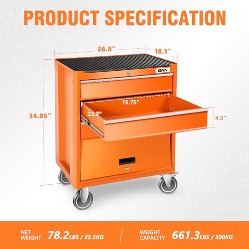 DNA MOTORING 3-Drawers Utility Rolling Tool Chest Cabinet with Wheels, Heavy Duty Industrial Service Cart Keyed Locking System, for Garage Warehouse Workshop, Orange, TOOLS-00400 DNA MOTORING
