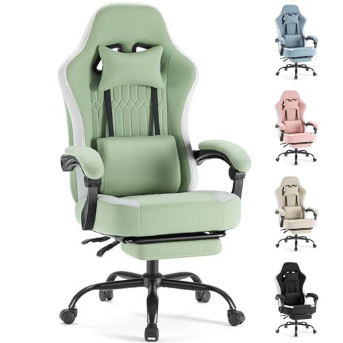 Sweetcrispy Computer Gaming Chair - High Back Ergonomic Desk Chair with Footrest and Lumbar Support, Height Adjustable Task Chair with Linkage Armrests and Headrest, 360° Swivel Wheels, Green Sweetcrispy