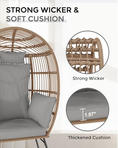 Wicker Egg Chair with Ottoman, Patio Lounge Egg Chair with Footrest, Comfy Hand-Made Rattan Chair with Thick Cusion & Metal Frame for Indoor, Outdoor, Patio and Porch, Grey Fitenlor