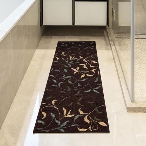 Machine Washable Leaves Design Non-Slip Rubberback 3x10 Traditional Runner Rug for Hallway, Kitchen, Bedroom, Living Room, 2'7" x 9'10", Brown Ottomanson
