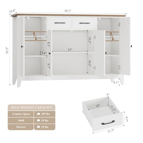 HORSTORS 55" Buffet Cabinet with Storage, Kitchen Buffet Sideboard with Drawers, Large Storage Cabinet with Doors and Shelves, Modern Farmhouse Coffee Bar for Kitchen, Dining Room, Living Room, White HORSTORS