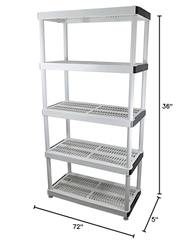 HDX 36” x 72” 5-Tiered Ventilated Plastic Storage Shelving Unit w/ Raised Feet and Tool-Free Assembly Hardware & Outdoor