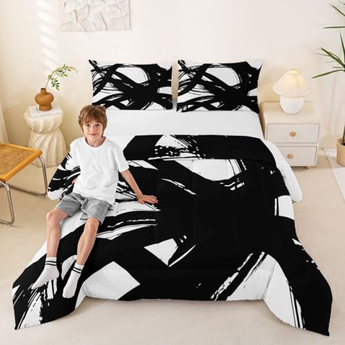 jejeloiu Black and White Comforter Set Queen Size, Abstarct Bedding Set for Kids Boys Girls Modern Stripe Neutral Art Duvet Quilt Bedroom Decor Microfiber 3 Pcs with 2 Pillow Cases jejeloiu
