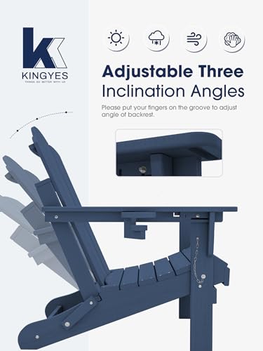 KINGYES Folding Adjustable Adirondack Chair, HDPE Reclining Adirondack Chair with Cup Holder, All Weather Use Oversize Adirondack Outdoor Chair, Blue KINGYES