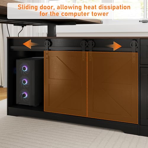 63" Farmhouse Electric Standing Desk Adjustable Height Sit Stand Corner Stand Desks, L Shaped Standing Computer Desk with Power Outlets & Storage Drawers & Sliding Door for Home Office, Black St.Mandyu