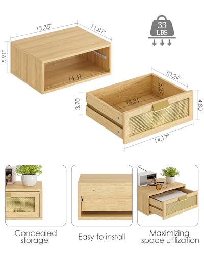 Aienvey Floating Nightstand, Floating Shelf with Drawer, Wall Mounted Nightstand, Floating Bedside Table (Oak Rattan) Aienvey
