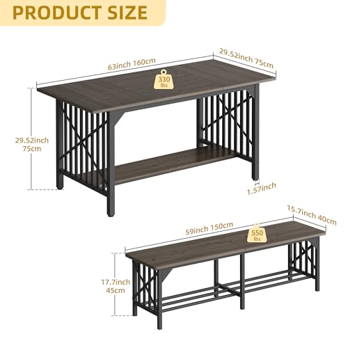 DWVO 3-Piece Dining Table Set for 4-6 People with 2 Benches, 63" Dining Room Table, Industrial Rectangular Dining Room Table Set with Storage for Kitchen, Dining Room, Grey DWVO