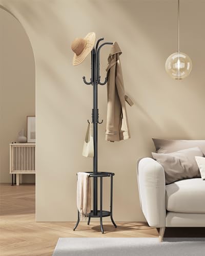 SONGMICS Coat Rack Freestanding, Coat Rack with Umbrella Holder, Metal Coat Rack Stand with 12 Hooks, for Entryway, Hallway, Living Room, Bedroom, Ink Black URCR011B01 SONGMICS