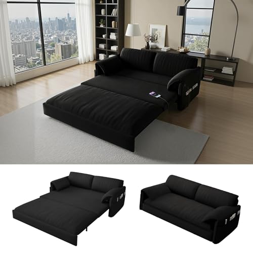 Gexpusm Futon Sofa Bed Queen Size,3-in-1 Convertible Sleeper Sofa,Pull Out Bed with Side Pocket,Loveseat Couch,Modern Futon Couch for Living Room,Small Space,Apartment,Bedroom (Black Velvet, 61") Gexpusm