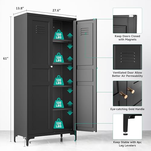 Metal Storage Cabinet with Doors and Shelves,Metal Pantry Cabinet,Black Craft Storage Cabinet,Ventilated Pantry Storage Cabinet,Tall Large Closet Cupboard for Home,Kitchen,Dining/Living/Laundry Room SISESOL
