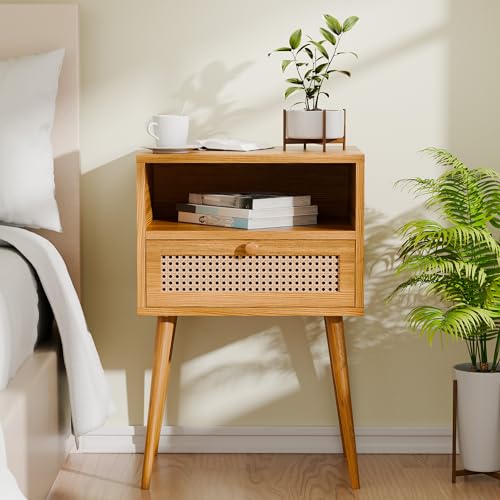 Rattan Nightstand Bedside Tables, Modern Wood Side Table Small End Table for Bedroom Living Room with Long Solid Wood Legs Drawer and Open Shelf HOCAT