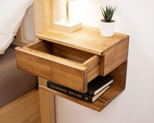 WOODCHES Floating Nightstand Side Accent or End Table with Storage Drawer, Wood Bedside Shelf, Handmade Floating Table (CAPE TOWN) WOODCHES