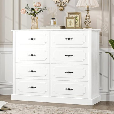 finetones White Dresser Chest of Drawers, Wood Dresser 8 Drawer with Steel Handles, Modern Dresser Drawers Floor Storage Cabinet for Living Room Hallway Office