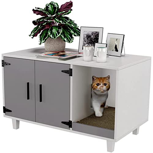 GDLF Modern Wood Pet Crate Cat Washroom Hidden Litter Box Enclosure Furniture House as Table Nightstand with Scratch Pad,Stackable (Gray & White) GDLF