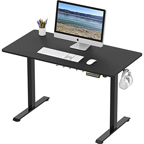 SHW Electric Height Adjustable Sit Stand Desk with Hanging Hooks and Cable Management, 48 x 24 Inches, Black Frame and Black Top SHW