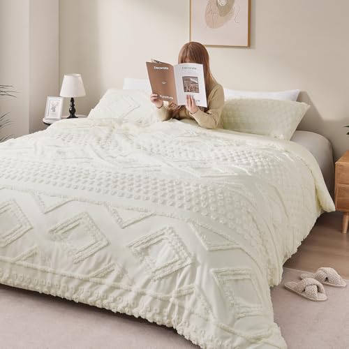 YIXWZAS Boho Queen Comforter Set Beige with Sheets, 3 Pieces Tufted Queen Comforter Sets Boho Bedding Cream Soft Warm Neutral Comforter Sets for All Seasons YIXWZAS