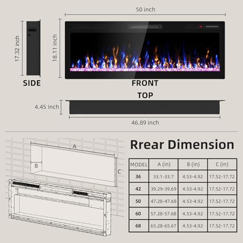 Ludatido 50 Inch Electric Fireplace Wall Mounted and Recessed with Remote Control, Color Adjustable/Realistic Flame W/Timer 1500/750W 400 sq.ft Heating Output Fireplace Heater Ludatido