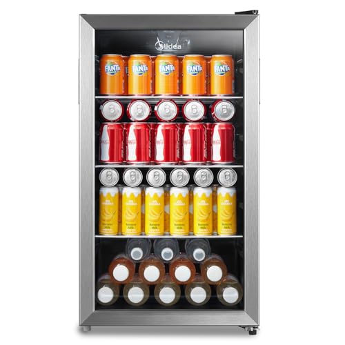 Midea MERV115T3AST 115 Cans Beverage Refrigerator with Adjustable Temperature, Removable Glass Shelf, LED Light, Silver Midea