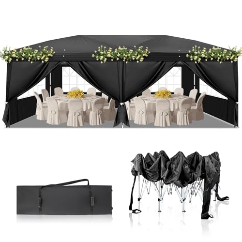 Outvita 10x20ft Pop Up Canopy Tent, Outdoor Instant Shelter Folding Canopy with 6 Side Walls and Carry Bag for Commercial Events, Party, Backyard BBQ, Camping Black Outvita